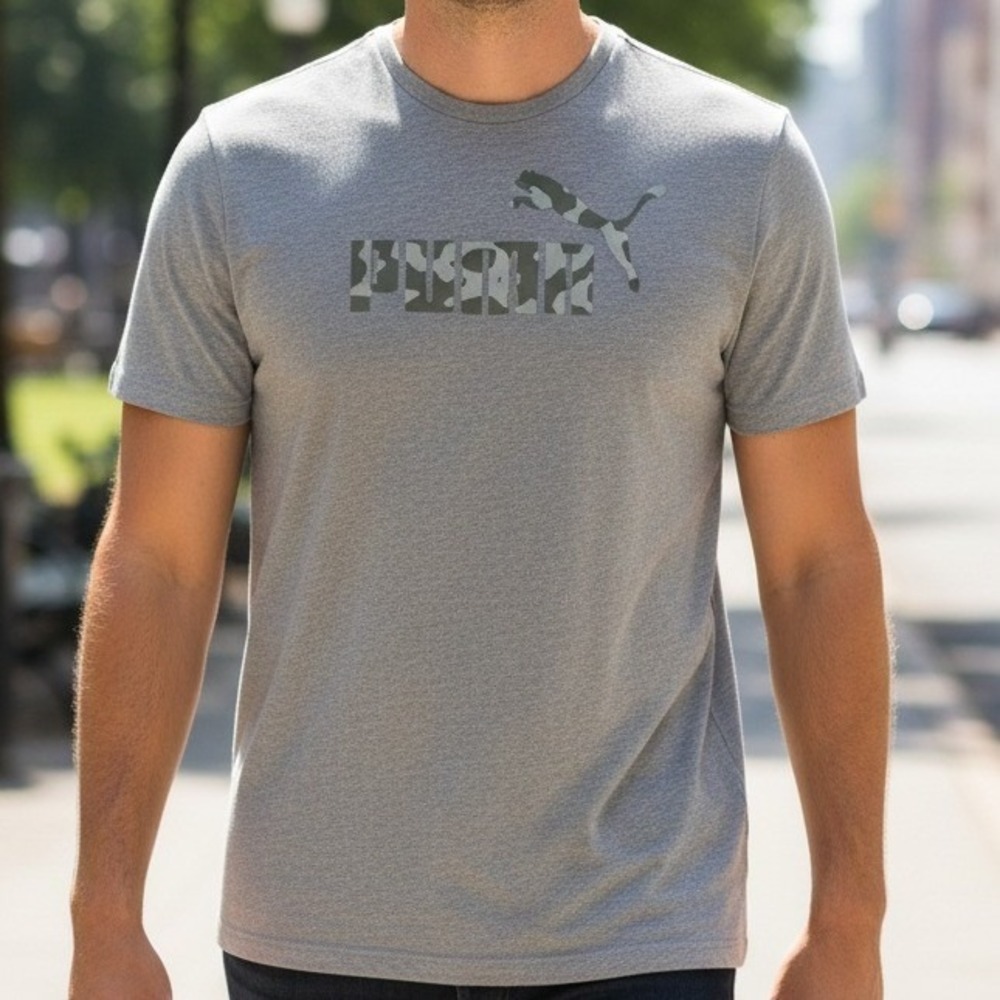 Puma Mens Heather Grey Graphic T-Shirt Camouflage Logo Crew Neck Athletic Tee